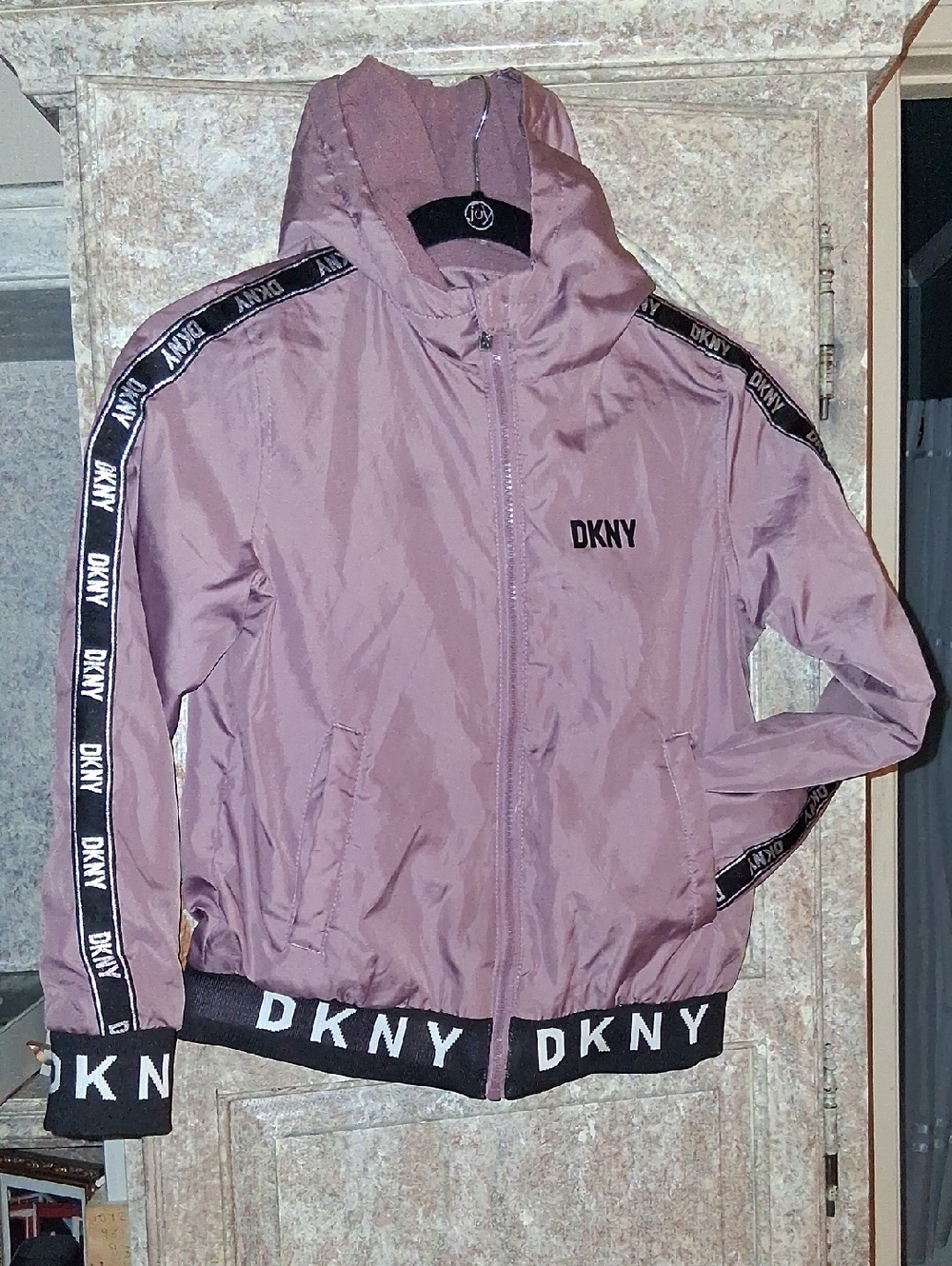 DKNY Girls' Hooded Bomber Jacket in Dusty Rose with Logo Trim